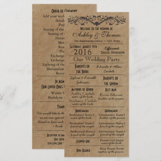 Typographie rustique Programmes de mariage 2 Matro (Devant / Derrière)