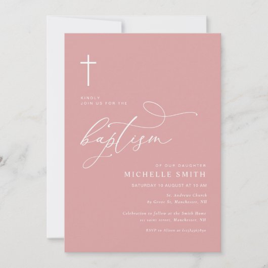 typographie simple dusté rose baptême invitation (Devant)