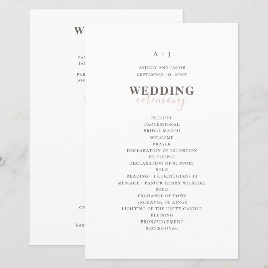 Typographie simple moderne. Programme de mariage é (Devant / Derrière)