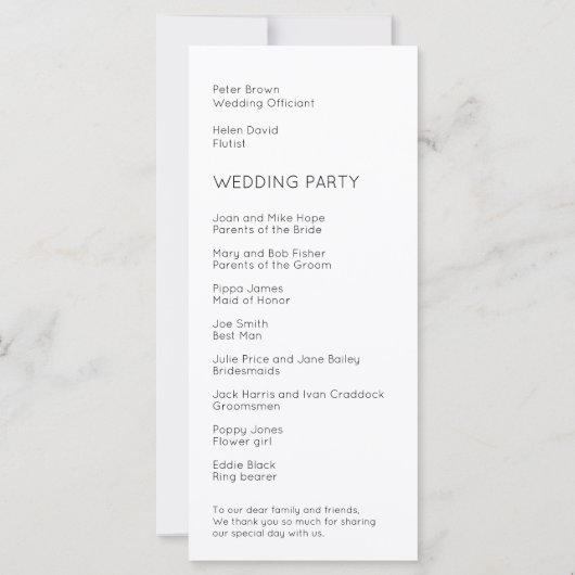 Typographie simple Noir Blanc Mariage Programme (Dos)
