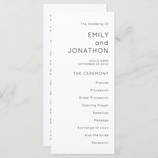 Typographie simple Noir Blanc Mariage Programme (Devant / Derrière)