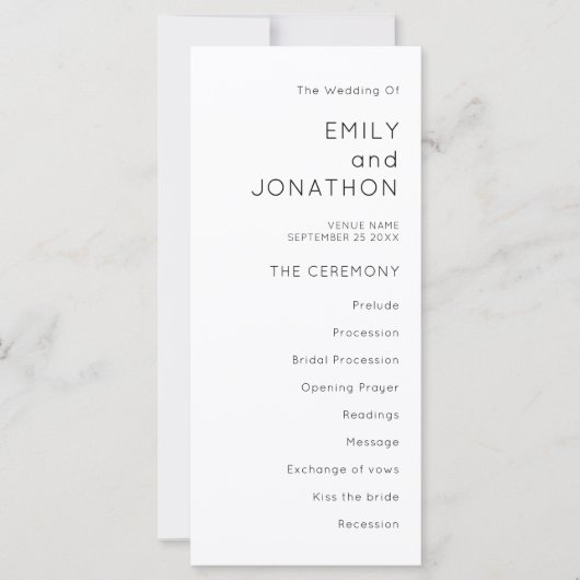 Typographie simple Noir Blanc Mariage Programme (Devant)