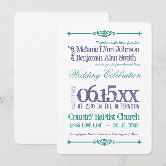 Typographie violette Turquoise Invitations de mari (Devant / Derrière)