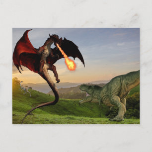 Tyrannosaurs Vs Rode Vuurspuwende Draak Gevecht Briefkaart