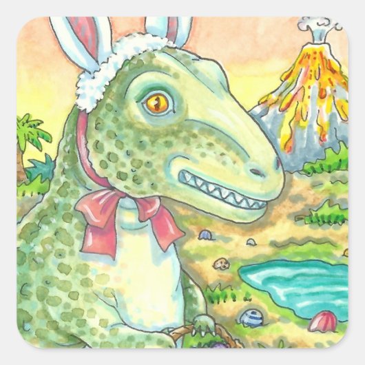 TYRANNOSAURUS, CUTE T-REX, EENVOUDIGERE BUNNY DINO VIERKANTE STICKER (Voorkant)