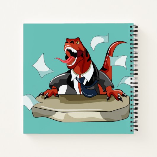 Tyrannosaurus rex baas zit aan een bureau. notitieboek (Achterkant)