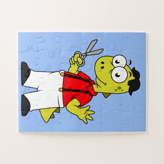 Tyrannosaurus rex kapper met schaar. legpuzzel (Horizontaal)