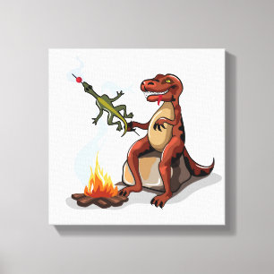 Tyrannosaurus rex koken voedsel boven een kampvuur canvas afdruk
