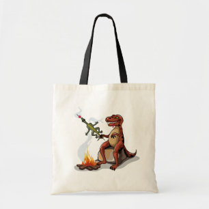 Tyrannosaurus rex koken voedsel boven een kampvuur tote bag