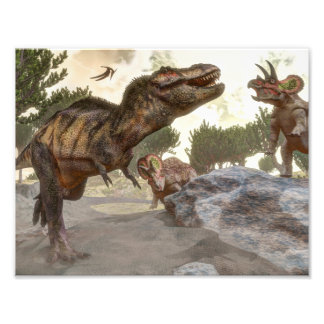 Tyrannosaurus rex ontsnapt uit de triceratops-aanv foto afdruk