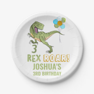 Tyrannosaurus Three Rex Dino 3e verjaardag Papieren Bordje