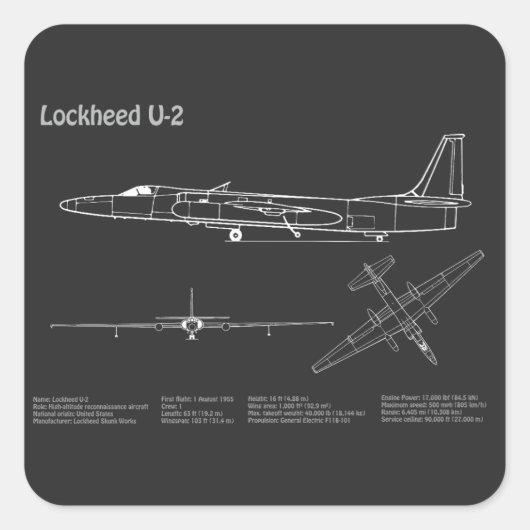 U-2 Dragon Lady - Vliegtuig Blauwdruk Plannen PD Vierkante Sticker (Voorkant)