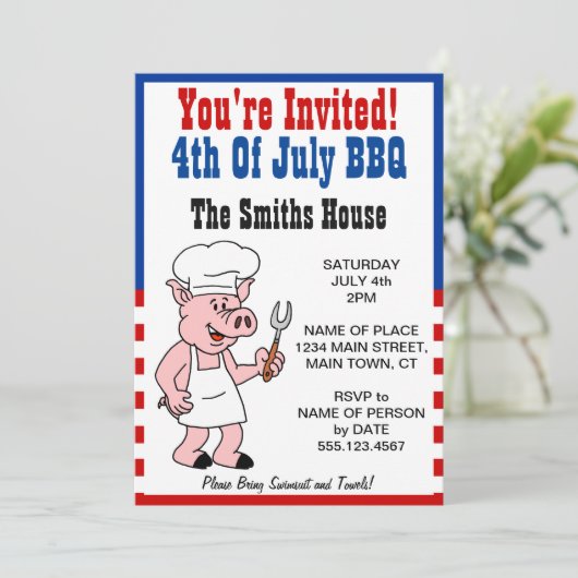 U Bent Uitgenodigd 4 Juli BBQ Varken Cartoon Kaart (Staand voorkant)