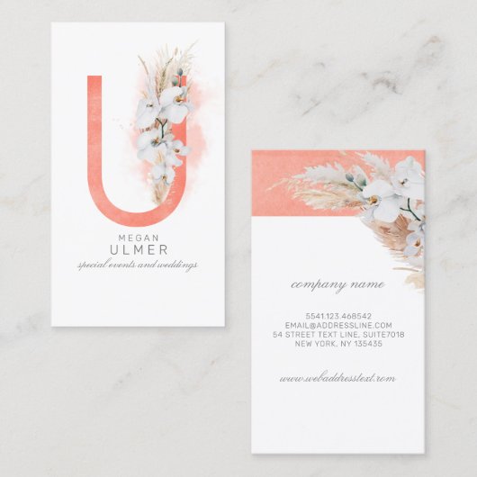 U Letter Monogram White Orchids and Pampas Grass Visitekaartje (Voorkant / Achterkant)