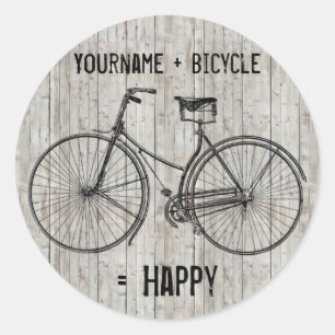 U plus fiets staat gelijk aan Happy Antiek Wooden Ronde Sticker