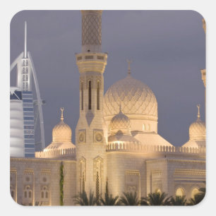 UAE, Dubai. 's Avonds moskee met Burj al Arab Vierkante Sticker