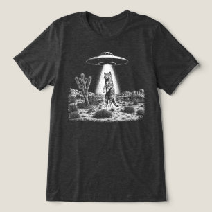 UFO Alien Kat Verdwijnings Retro Houtsnede Tri-Blend Shirt