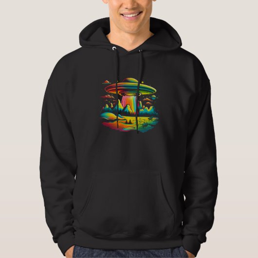 UFO Alien Retro Bright Mountain Lake Camping Visit Hoodie (Voorkant)