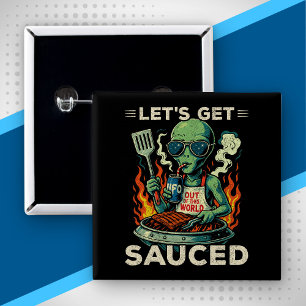 UFO BBQ Grill Picknick Laten we Saucy Worden Grapp Vierkante Button 5,1 Cm