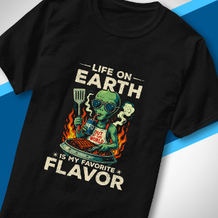 UFO BBQ Leven op Aarde Retro Sci-Fi Grappige Alien T-shirt