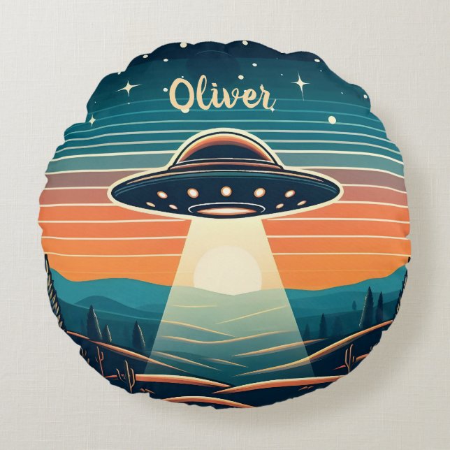  ufo bij zonsondergang gepersonaliseerd rond kussen (Voorkant)