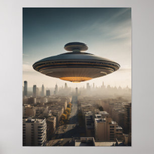 UFO boven stad Poster