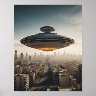 UFO boven stad Poster