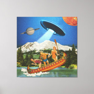 UFO Canoe Trip Mountains Surreal Collage Canvas Afdruk