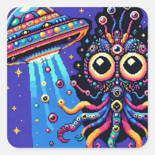 UFO en Alien Pixel Art Vierkante Sticker (Voorkant)