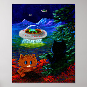 UFO Flying Saucer Funny Black Cat Oranje Tabblad Poster
