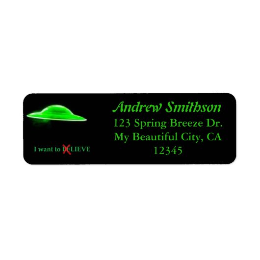 UFO Flying Saucer Green Black Text Funny Humorisy Etiket (Voorkant)