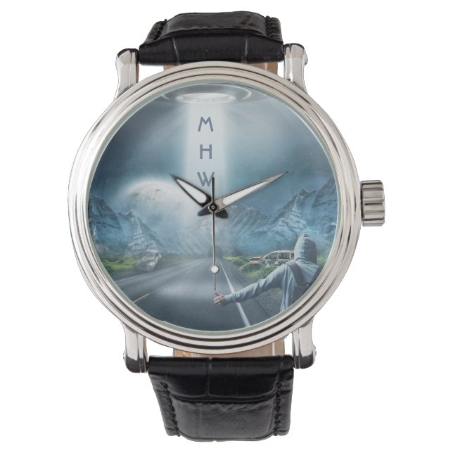 UFO Hitchhiker aangepaste monogram horloges (Voorkant)