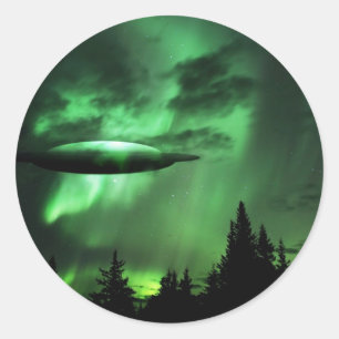 UFO in groene wolken Ronde Sticker