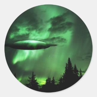 UFO in groene wolken Ronde Sticker