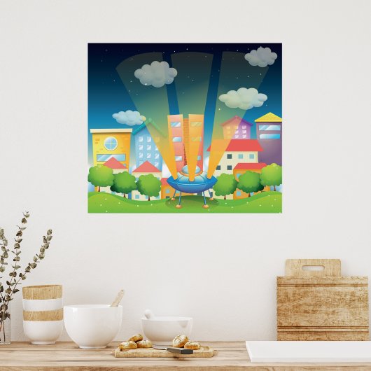 UFO Landing in a Bright City Night Scene Poster (Keuken)