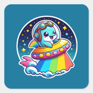 UFO Rainbow Dolphin Vierkante Sticker