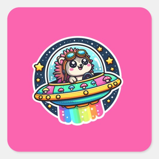 UFO Rainbow Hedgehog Vierkante Sticker (Voorkant)