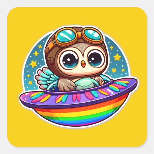 UFO Rainbow Owl Vierkante Sticker (Voorkant)