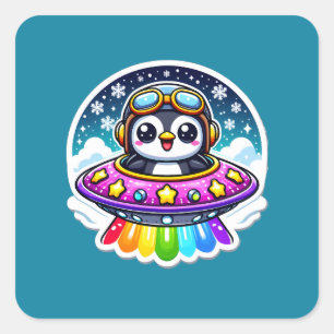 UFO Rainbow Penguin Vierkante Sticker