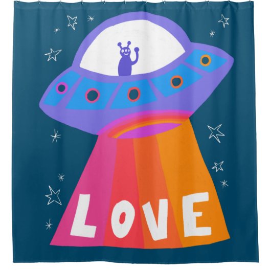 UFO Space Alien verspreidt LOVE ruimteschip Douchegordijn (Voorkant)
