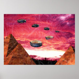 UFO-vlieg boven uitheemse piramiden Poster