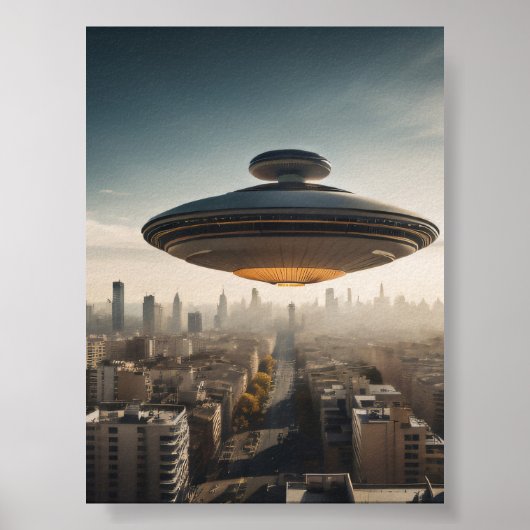 UFO vliegende schotel over de stad Poster (Voorkant)