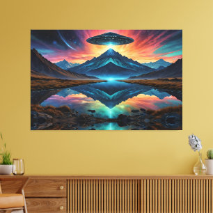 UFO zweeft boven kleurrijke bergen en meer Canvas Afdruk