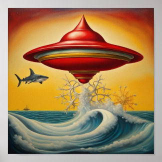 UFO zweven over golven muurkunst Poster