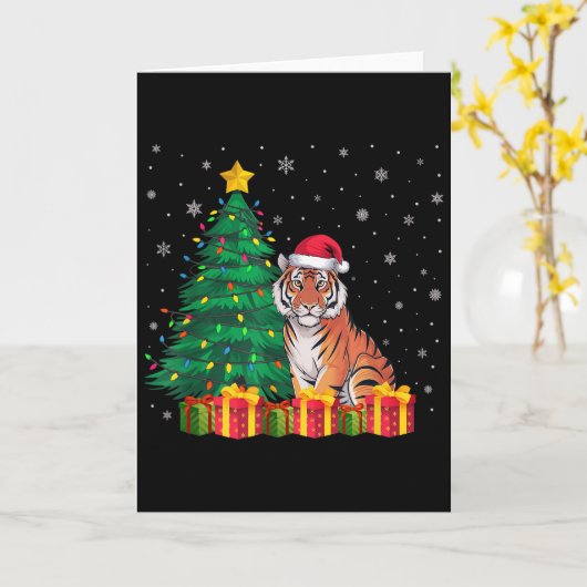 Ugly Bengal Tiger Santa Hat Christmas Tree Lights Kaart (Gele Bloem)