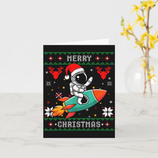 Ugly Christmas Astronaut Riding Rocket Santa Hat T Kaart (Gele Bloem)