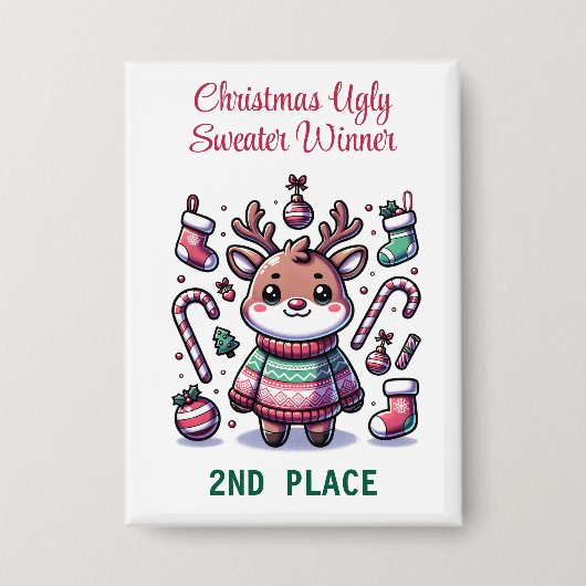 Ugly Christmas Sweater Reindeer Winnaar 2e plaats Button (Voorkant)