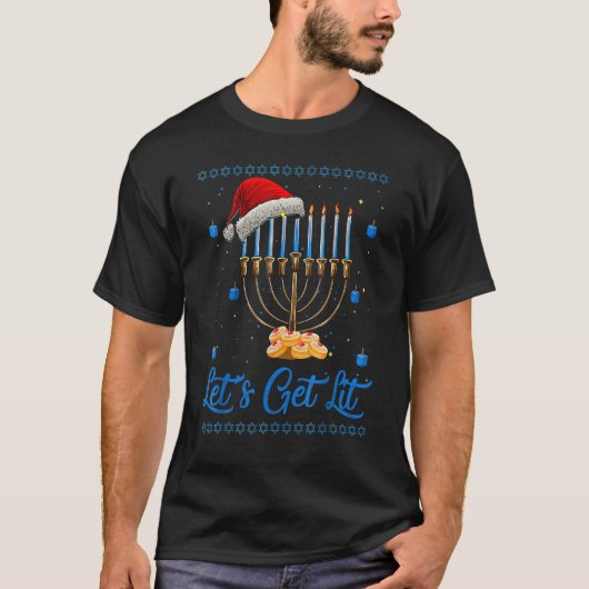Ugly Hanukkah Sweater Let's Get Lit Menorah T-shirt (Voorkant)