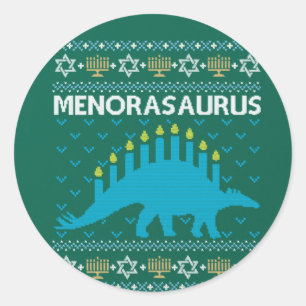 Ugly Hanukkah Sweater, Menorasaurus, Joodse Dinosa Ronde Sticker