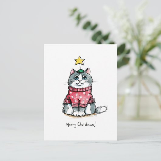 Ugly Sweater Cat - Meowy Kerstmis Briefkaart (Staand voorkant)